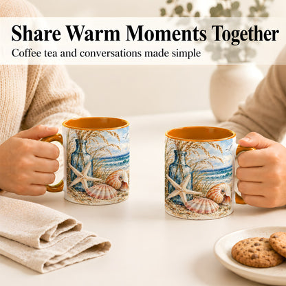#pl[11oz|Orange] Watercolor Seashell Coffee Mug, Starfish Beach Mug, Ceramic Cup