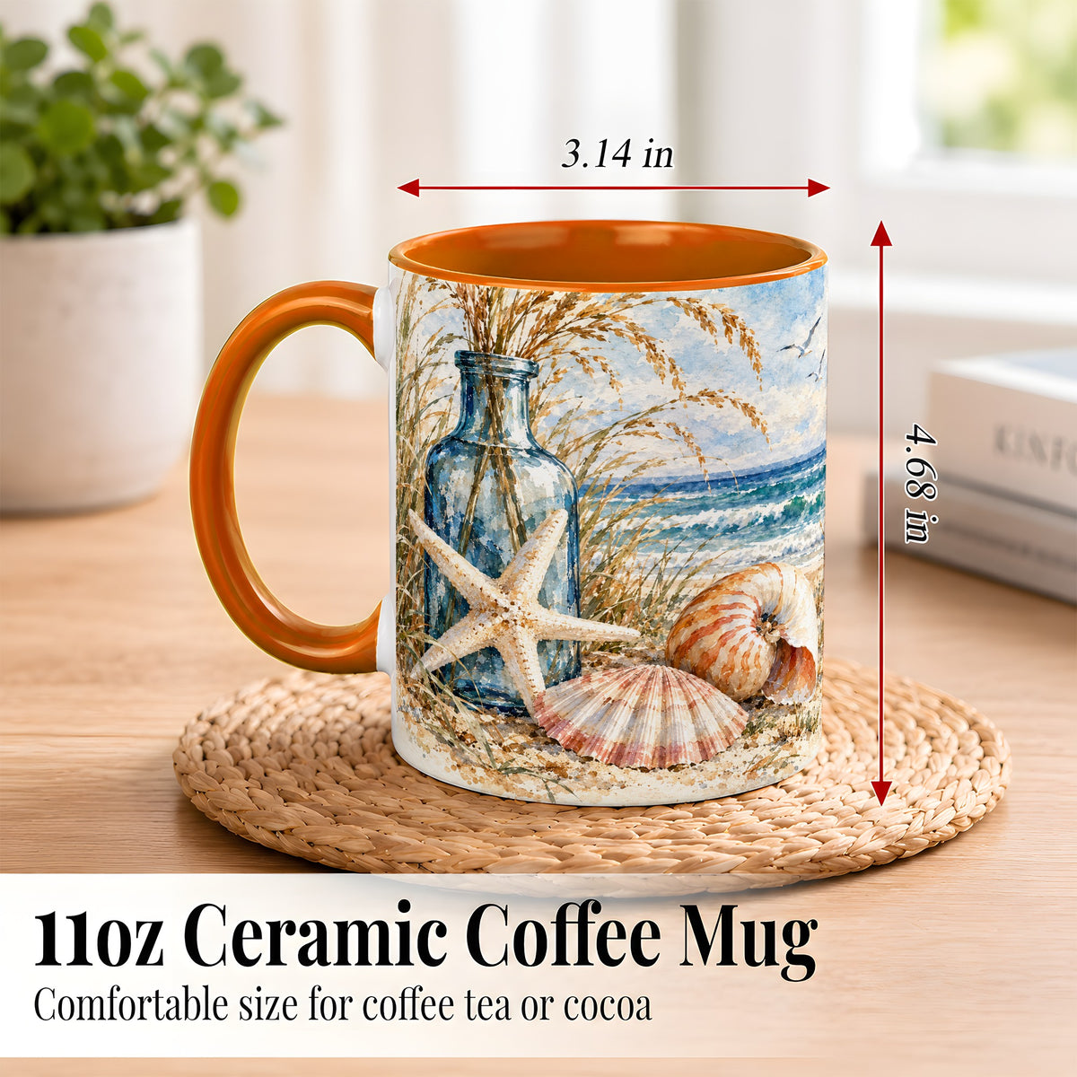 #pl[11oz|Orange] Watercolor Seashell Coffee Mug, Starfish Beach Mug, Ceramic Cup