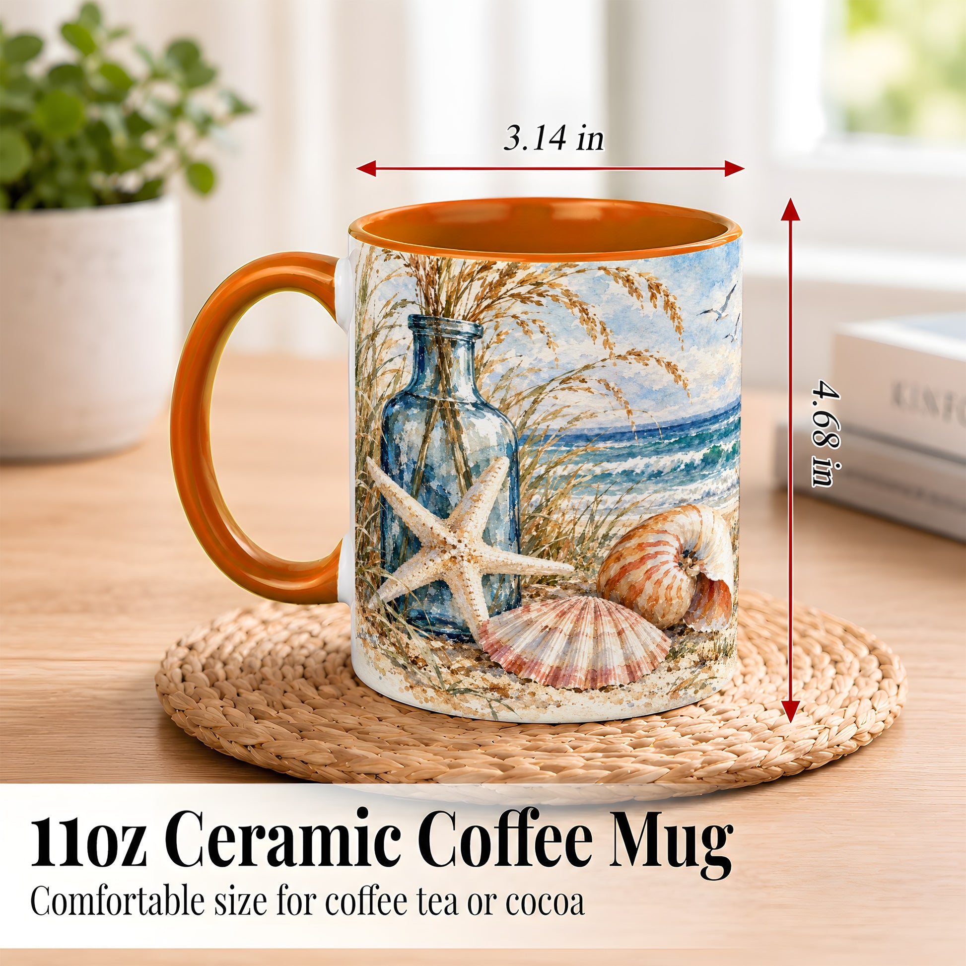 #pl[11oz|Orange] Watercolor Seashell Coffee Mug, Starfish Beach Mug, Ceramic Cup