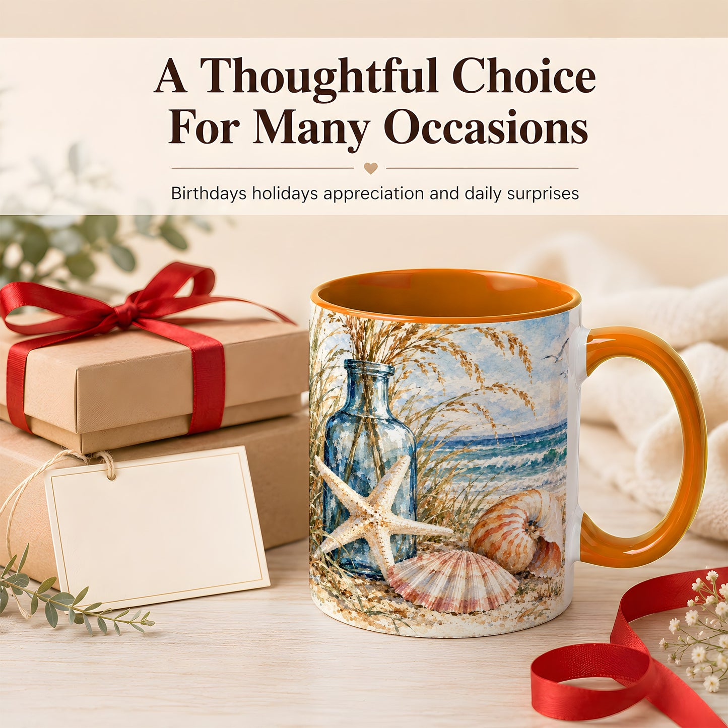 #pl[11oz|Orange] Watercolor Seashell Coffee Mug, Starfish Beach Mug, Ceramic Cup