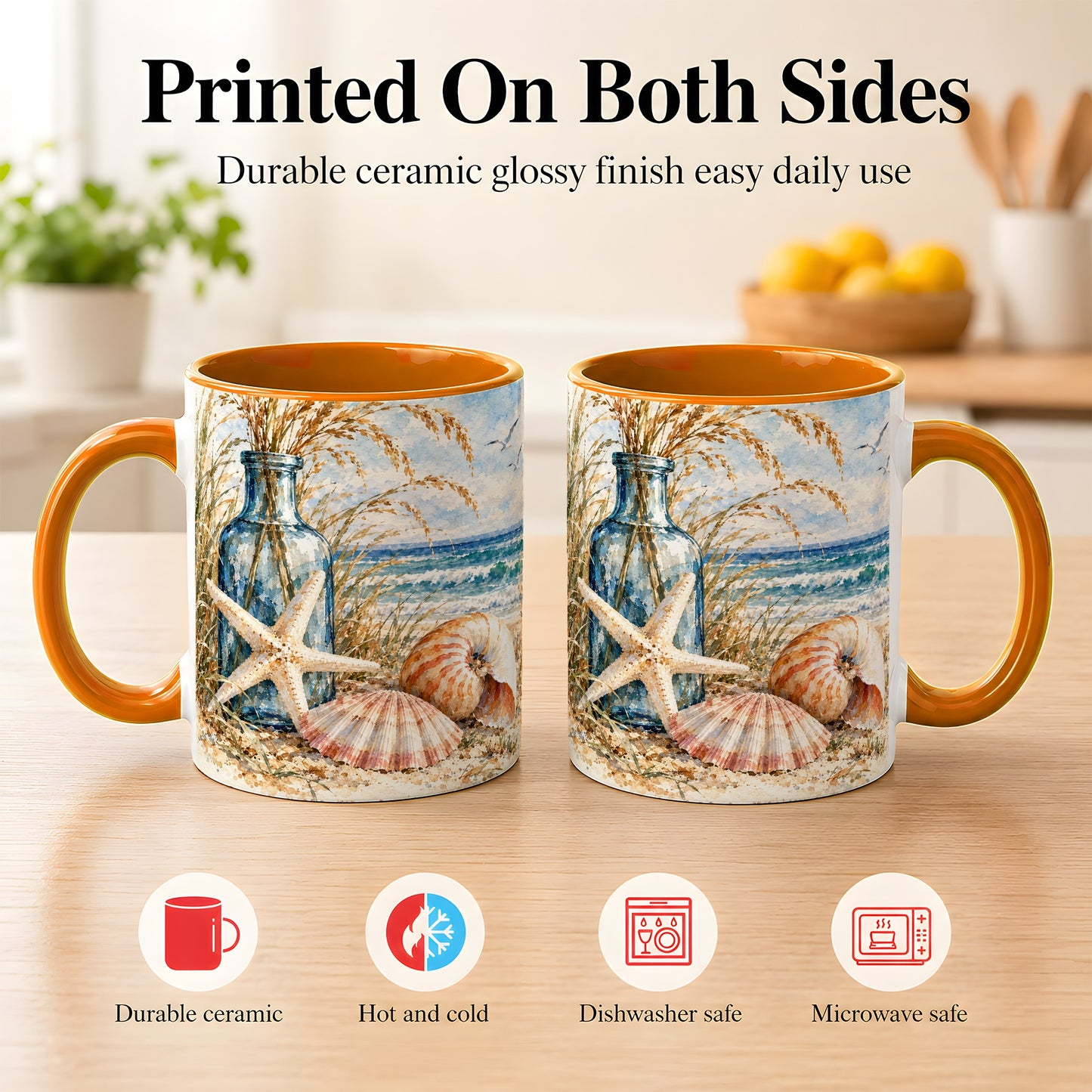 #pl[11oz|Orange] Watercolor Seashell Coffee Mug, Starfish Beach Mug, Ceramic Cup
