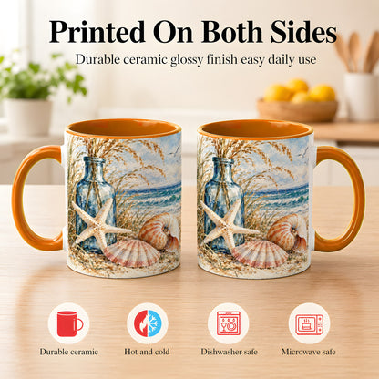 #pl[11oz|Orange] Watercolor Seashell Coffee Mug, Starfish Beach Mug, Ceramic Cup
