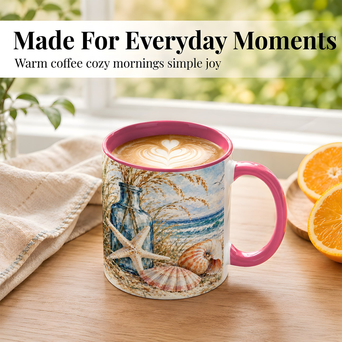 #pl[11oz|Pink] Watercolor Seashell Coffee Mug, Starfish Beach Mug, Ceramic Cup