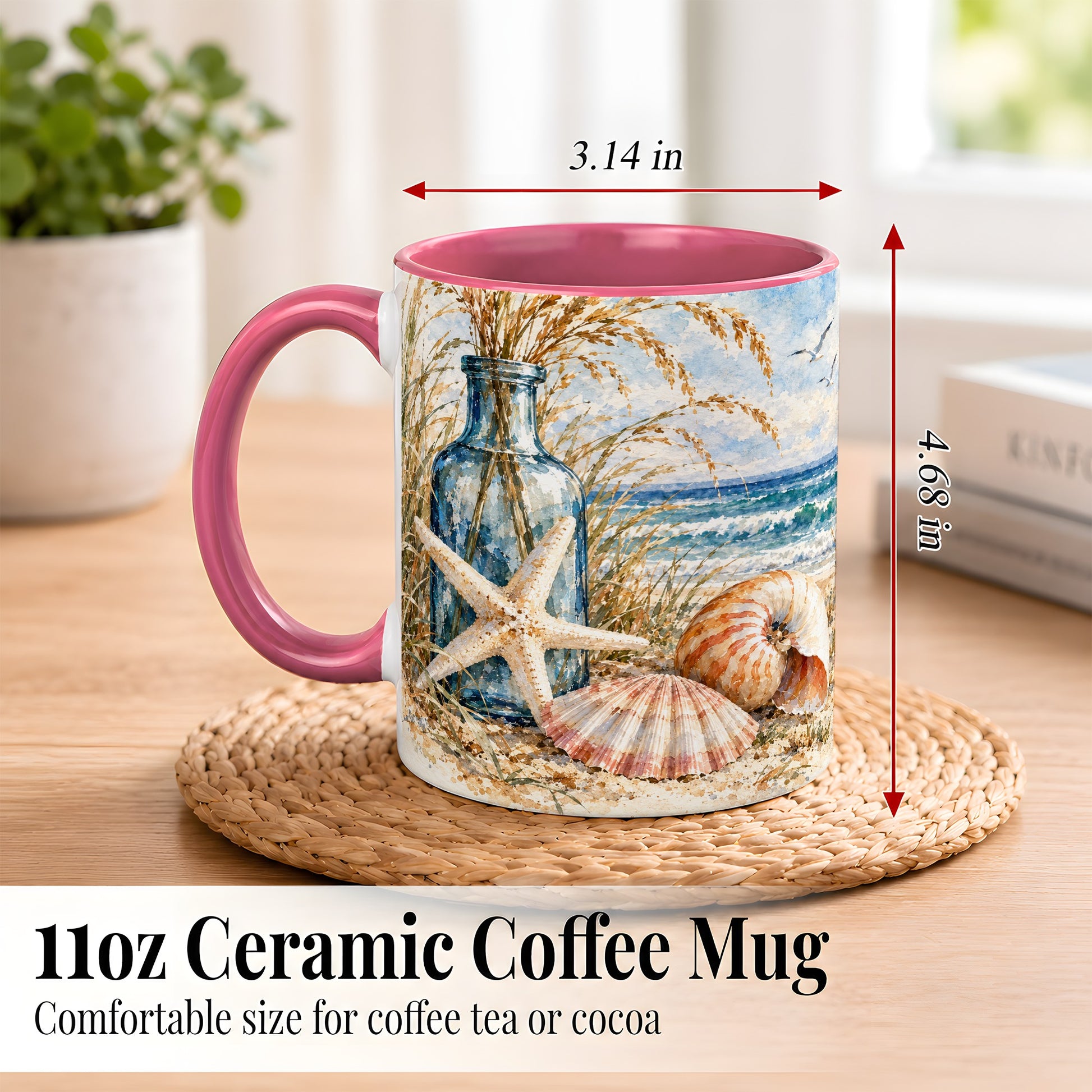 #pl[11oz|Pink] Watercolor Seashell Coffee Mug, Starfish Beach Mug, Ceramic Cup