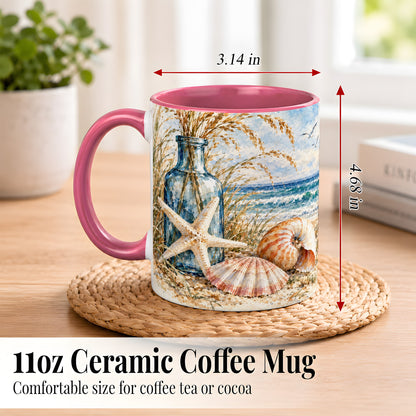 #pl[11oz|Pink] Watercolor Seashell Coffee Mug, Starfish Beach Mug, Ceramic Cup