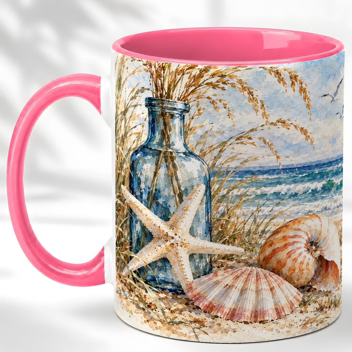 #pl[11oz|Pink] Watercolor Seashell Coffee Mug, Starfish Beach Mug, Ceramic Cup