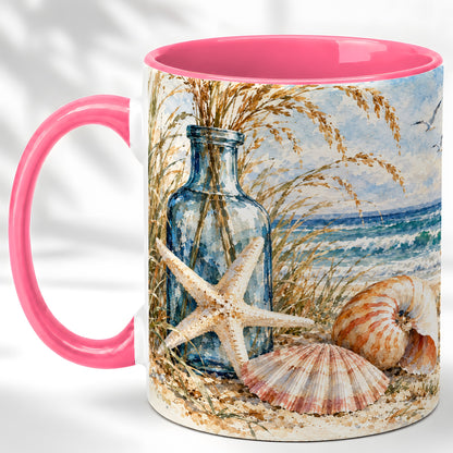 #pl[11oz|Pink] Watercolor Seashell Coffee Mug, Starfish Beach Mug, Ceramic Cup