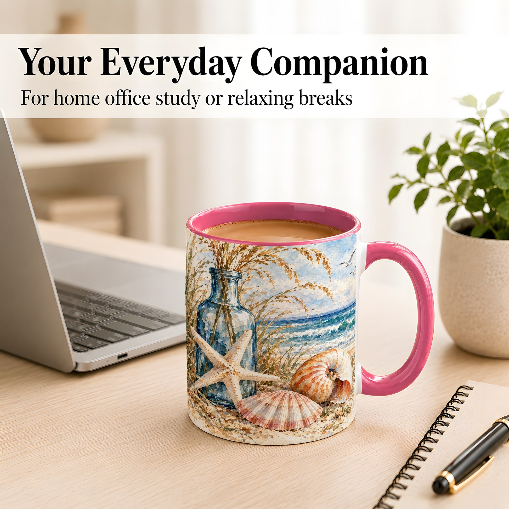 #pl[11oz|Pink] Watercolor Seashell Coffee Mug, Starfish Beach Mug, Ceramic Cup