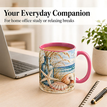 #pl[11oz|Pink] Watercolor Seashell Coffee Mug, Starfish Beach Mug, Ceramic Cup