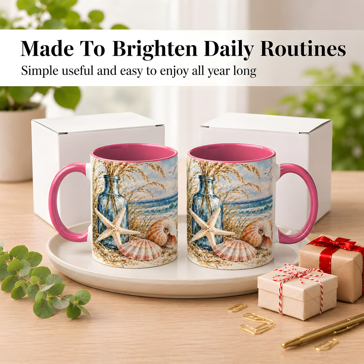 #pl[11oz|Pink] Watercolor Seashell Coffee Mug, Starfish Beach Mug, Ceramic Cup