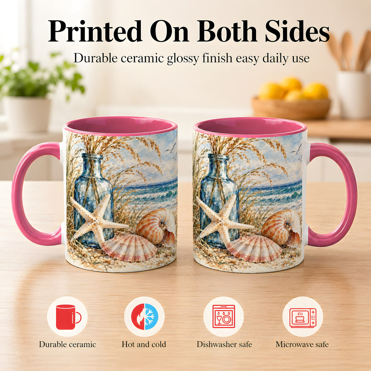#pl[11oz|Pink] Watercolor Seashell Coffee Mug, Starfish Beach Mug, Ceramic Cup