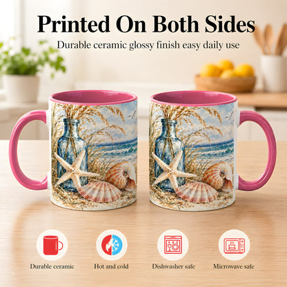 #pl[11oz|Pink] Watercolor Seashell Coffee Mug, Starfish Beach Mug, Ceramic Cup
