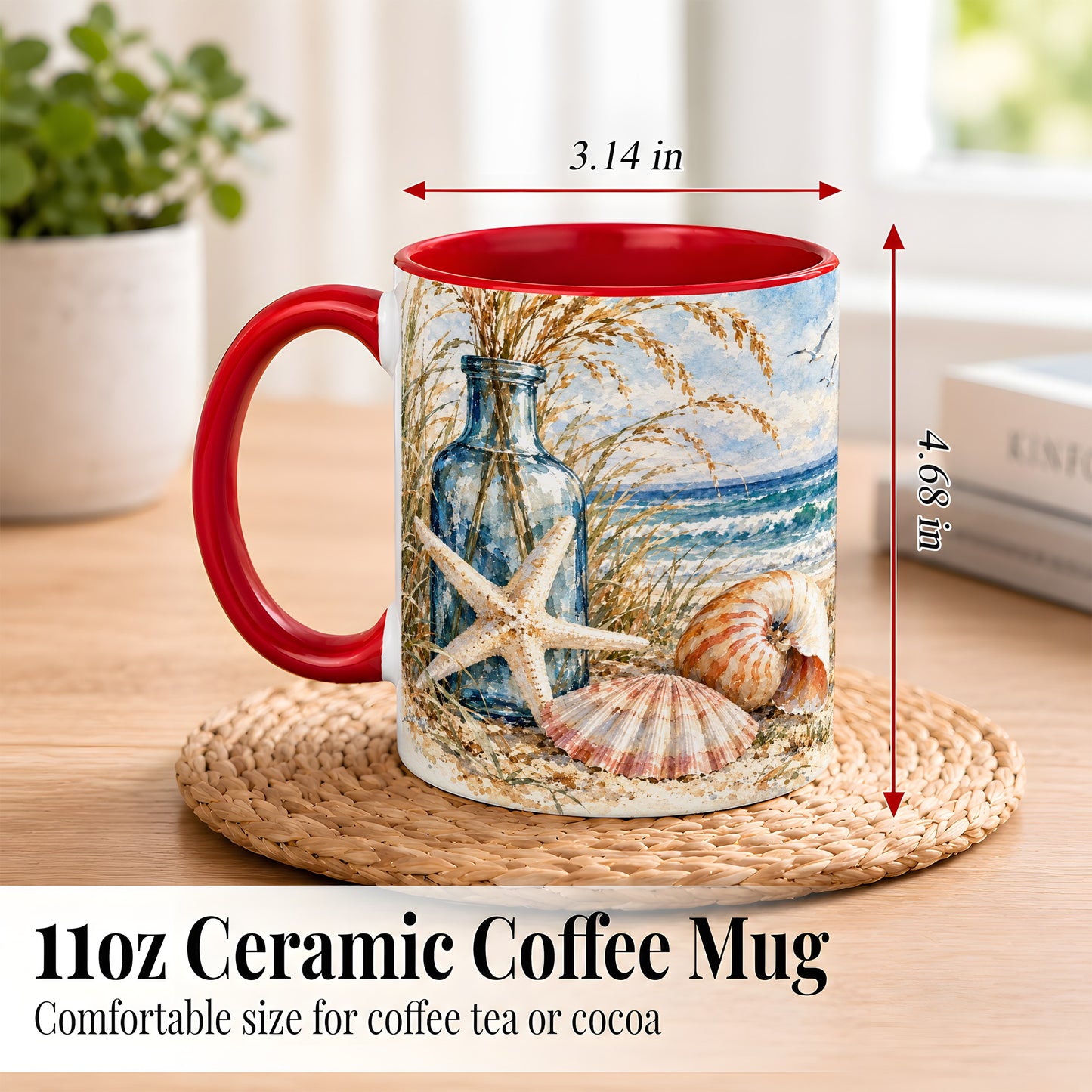 #pl[11oz|Red] Watercolor Seashell Coffee Mug, Starfish Beach Mug, Ceramic Cup