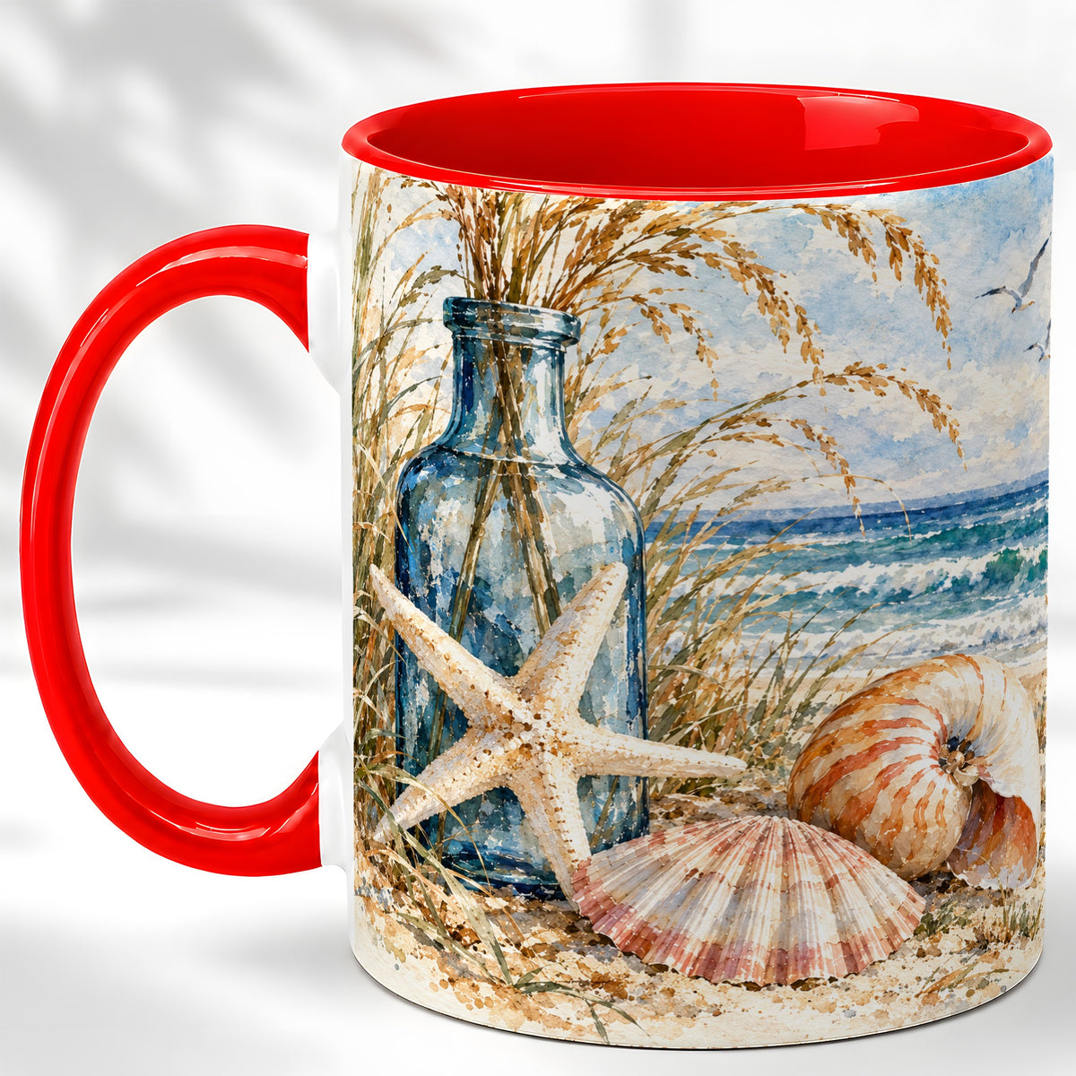 Watercolor Seashell Coffee Mug, Starfish Beach Mug, Ceramic Cup