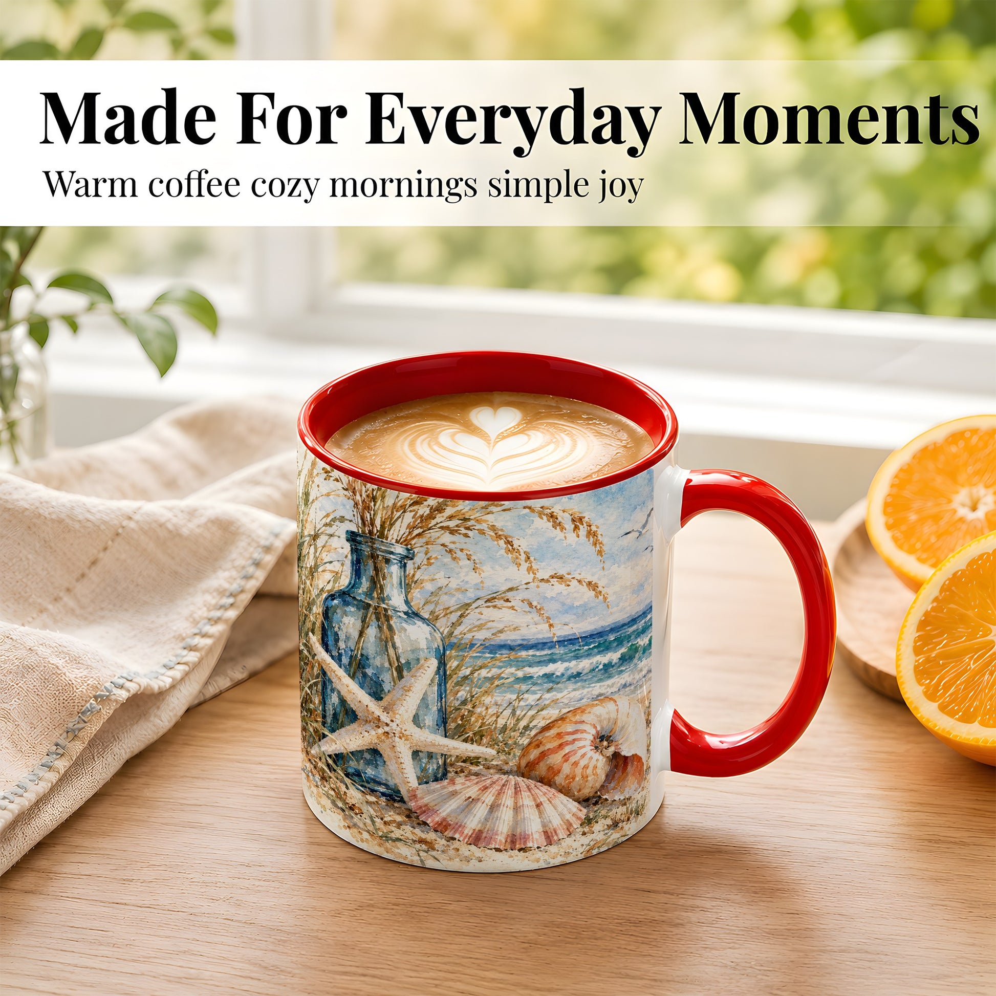 #pl[11oz|Red] Watercolor Seashell Coffee Mug, Starfish Beach Mug, Ceramic Cup