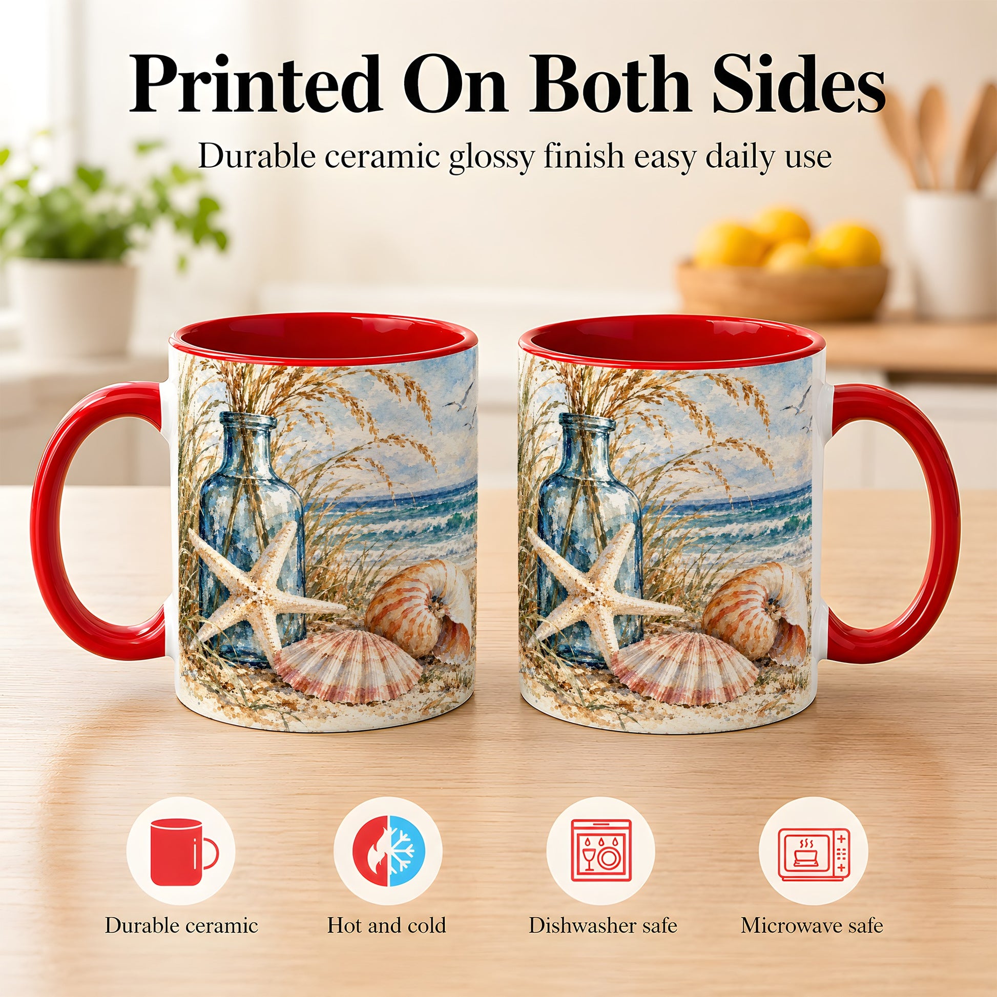 #pl[11oz|Red] Watercolor Seashell Coffee Mug, Starfish Beach Mug, Ceramic Cup