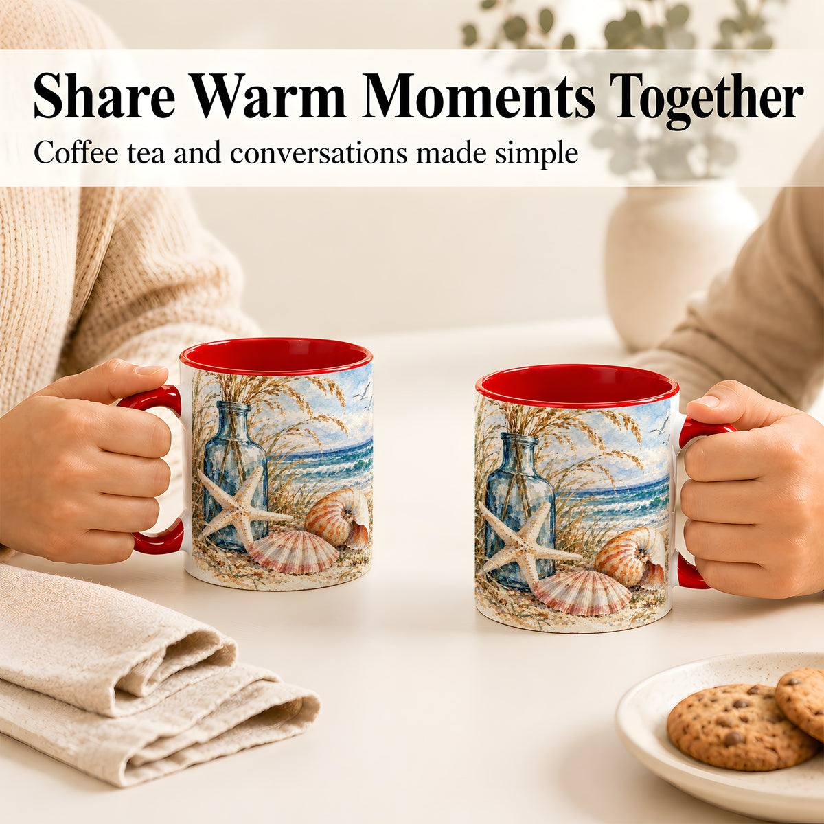 #pl[11oz|Red] Watercolor Seashell Coffee Mug, Starfish Beach Mug, Ceramic Cup