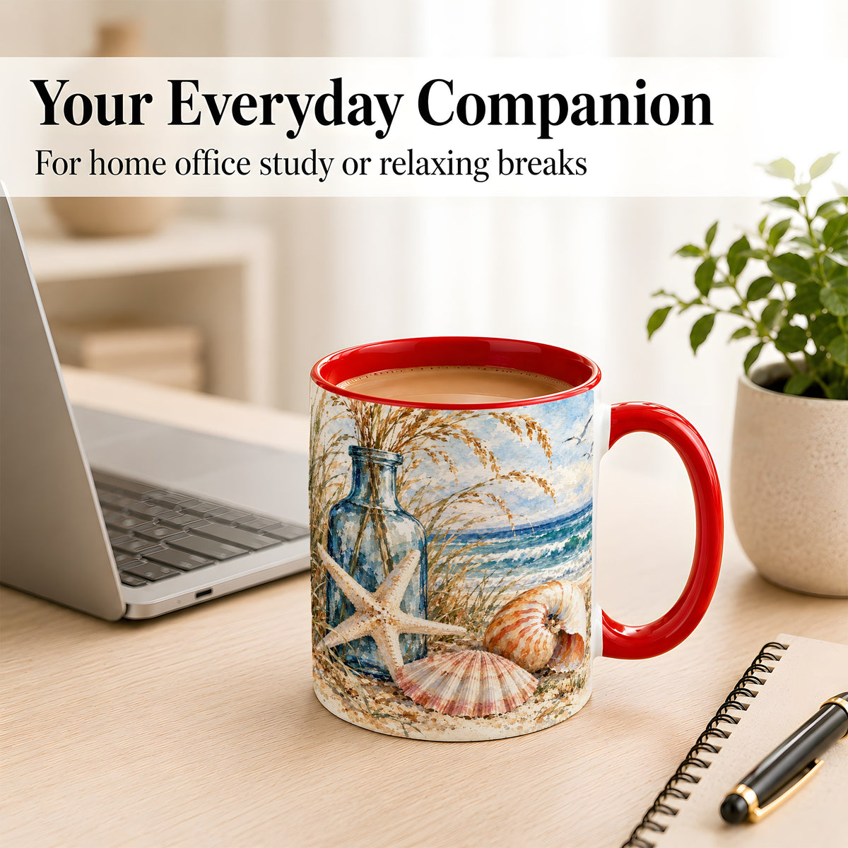 #pl[11oz|Red] Watercolor Seashell Coffee Mug, Starfish Beach Mug, Ceramic Cup
