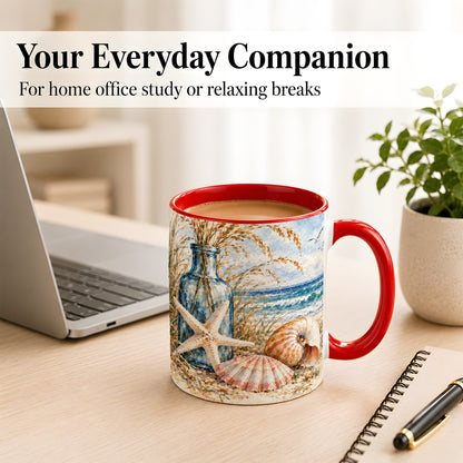 #pl[11oz|Red] Watercolor Seashell Coffee Mug, Starfish Beach Mug, Ceramic Cup
