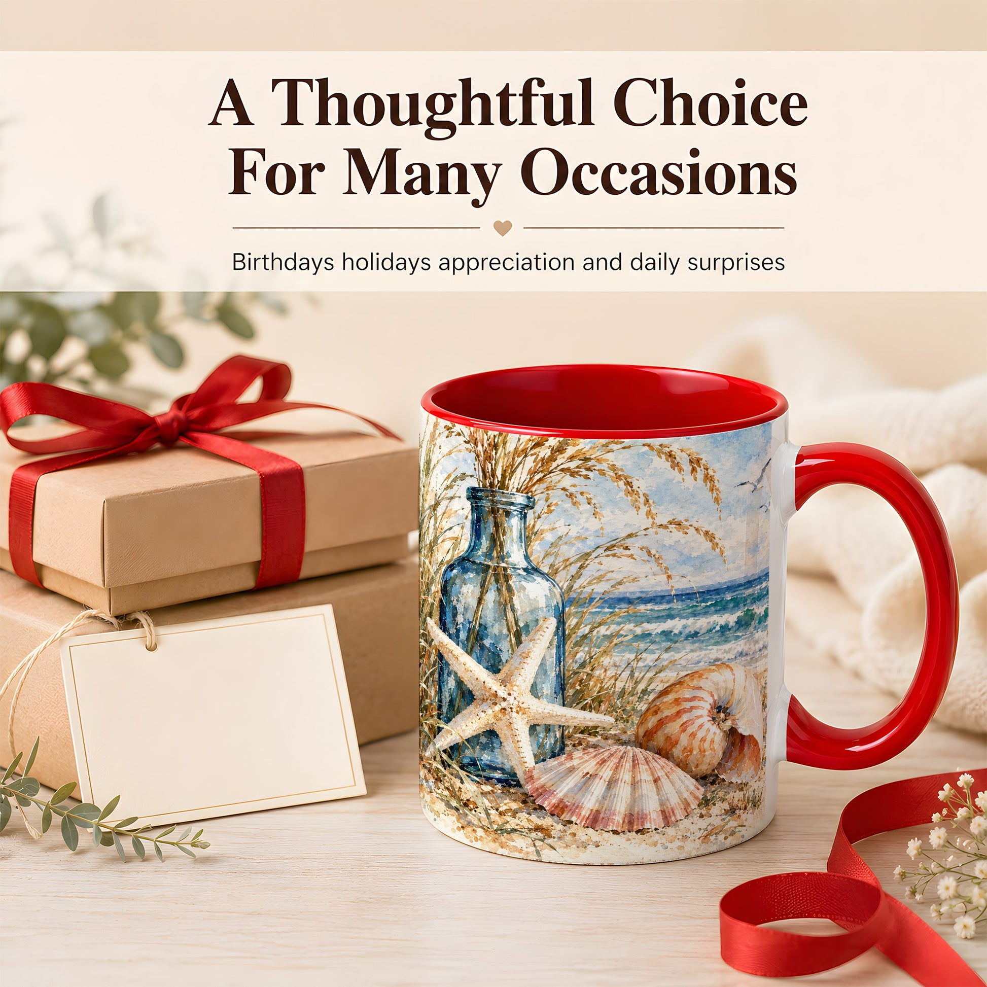 #pl[11oz|Red] Watercolor Seashell Coffee Mug, Starfish Beach Mug, Ceramic Cup