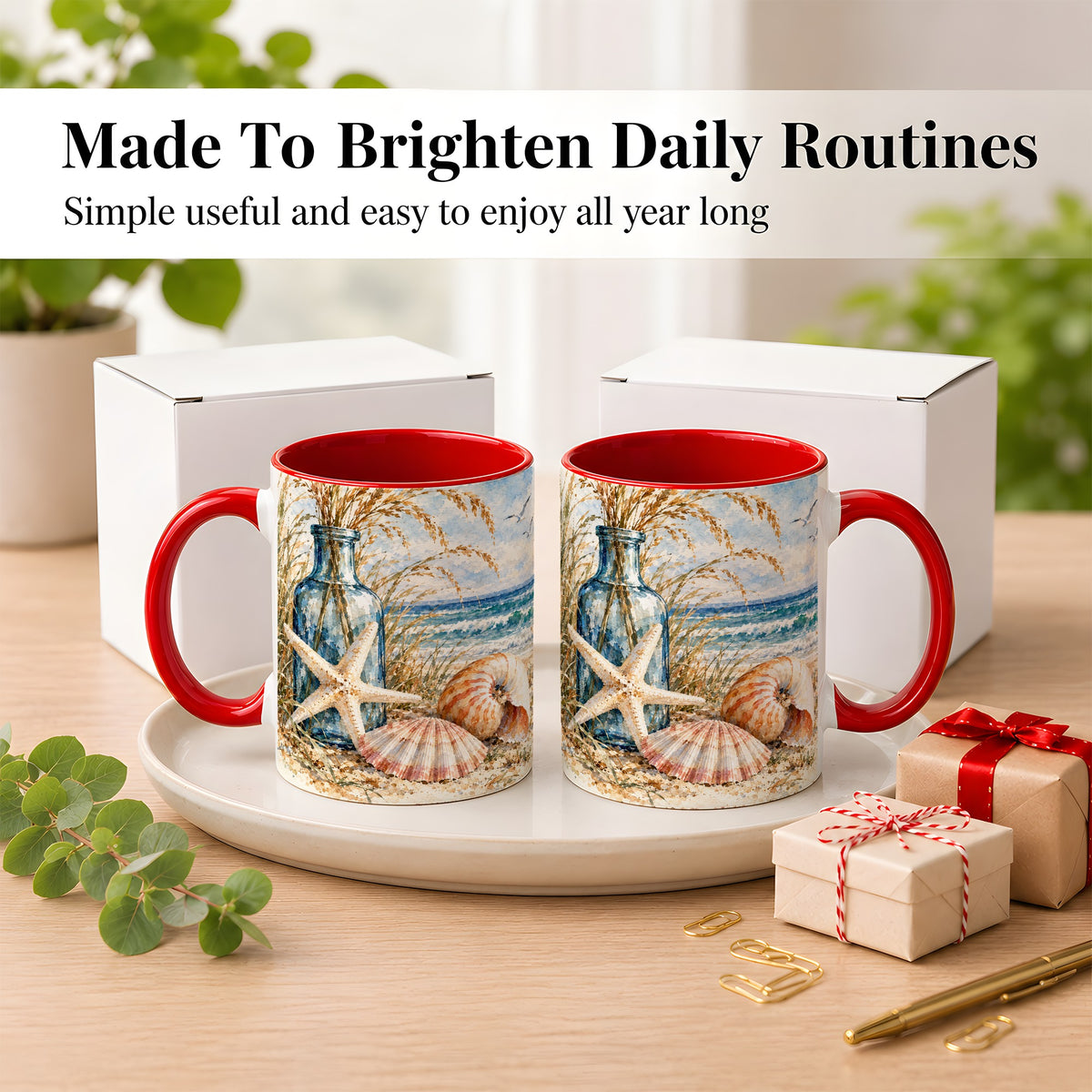 #pl[11oz|Red] Watercolor Seashell Coffee Mug, Starfish Beach Mug, Ceramic Cup