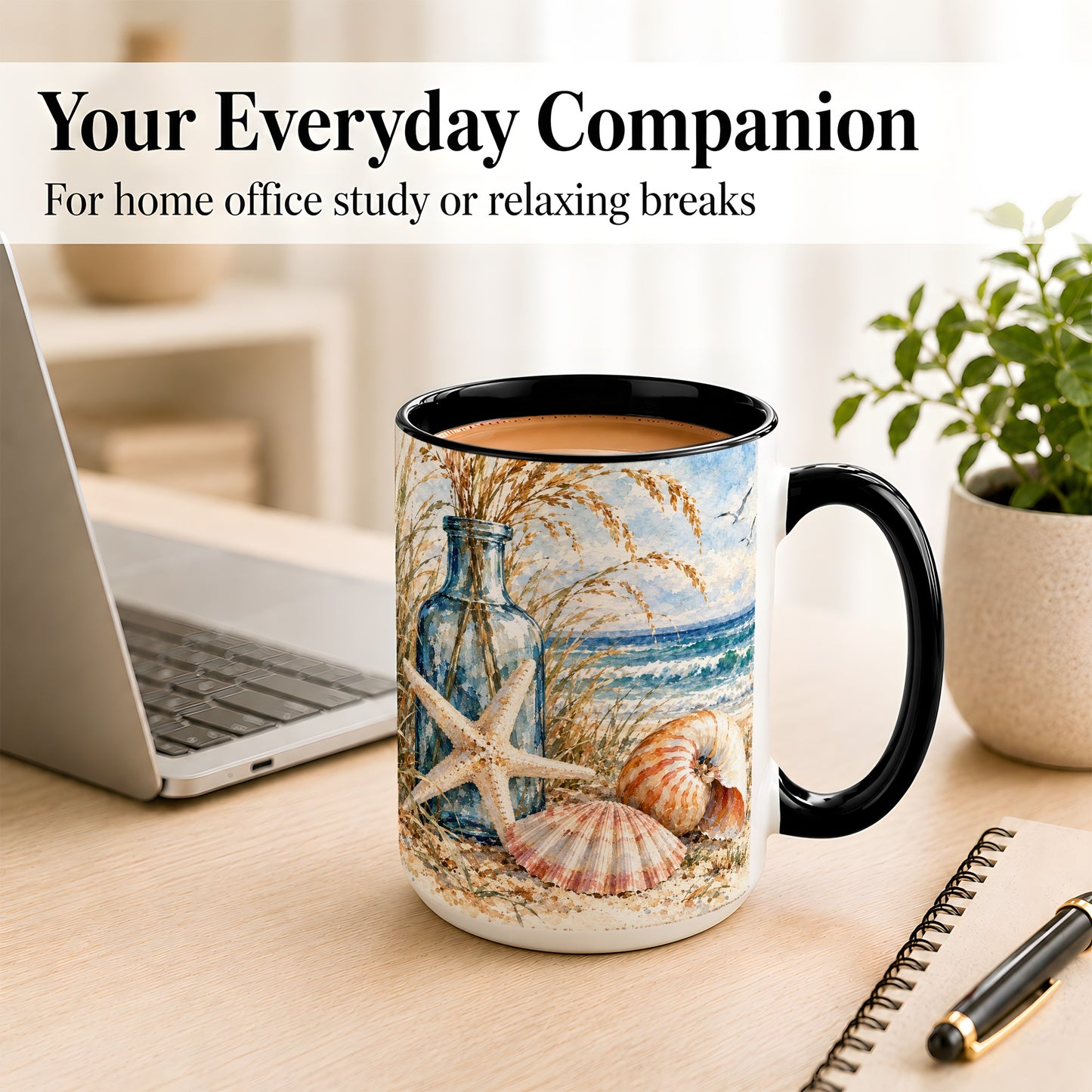 #pl[15oz|Black] Watercolor Seashell Coffee Mug, Starfish Beach Mug, Ceramic Cup