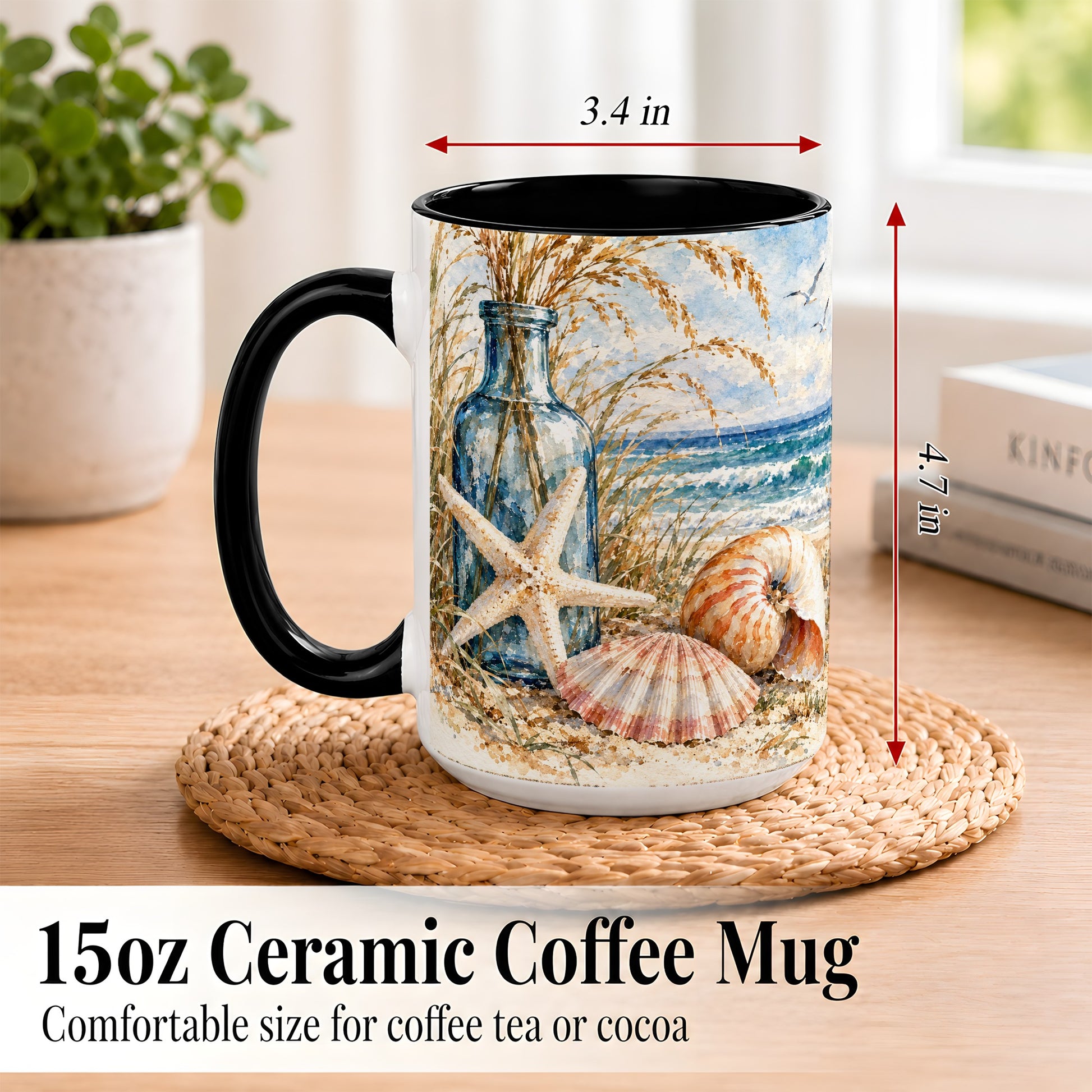 #pl[15oz|Black] Watercolor Seashell Coffee Mug, Starfish Beach Mug, Ceramic Cup