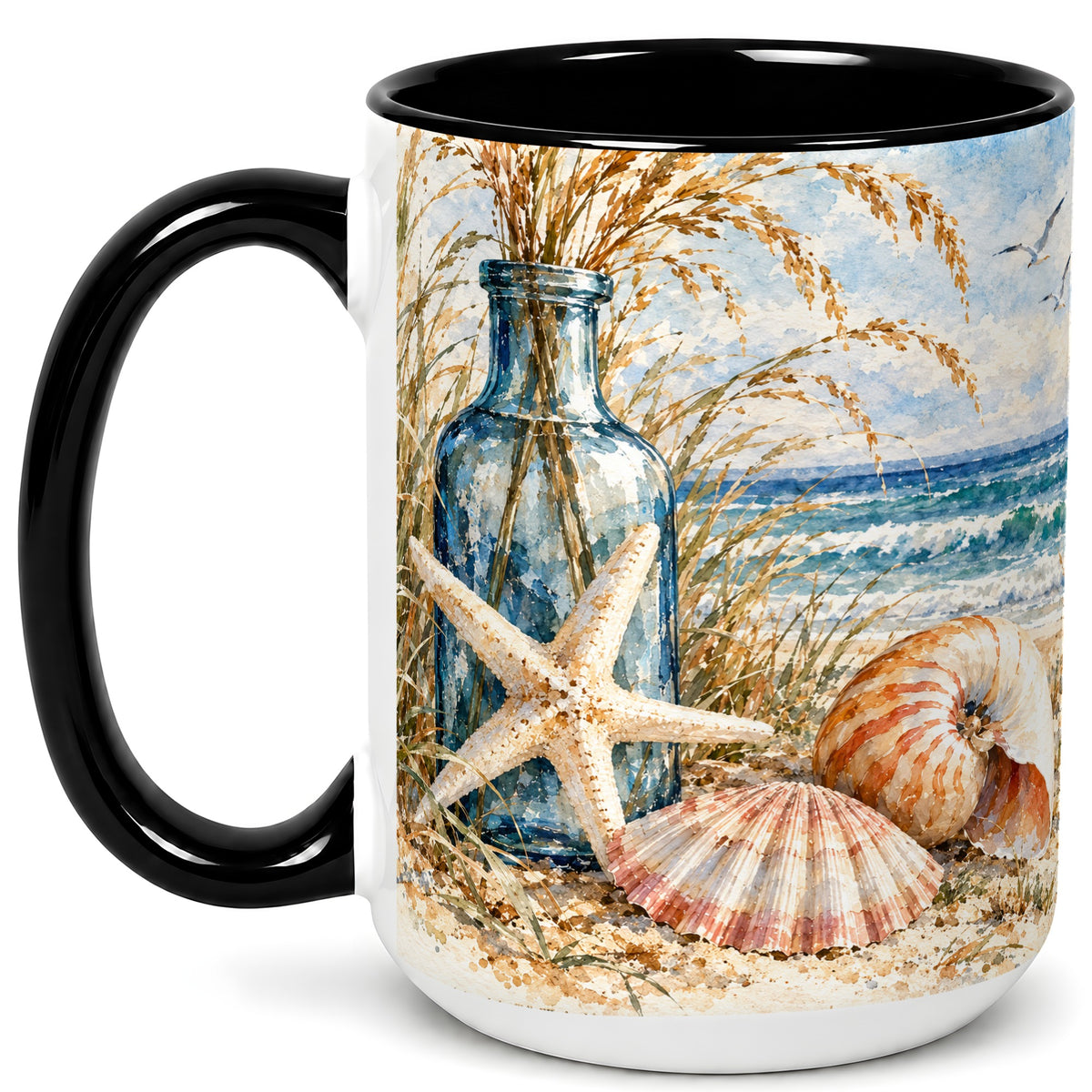 #pl[15oz|Black] Watercolor Seashell Coffee Mug, Starfish Beach Mug, Ceramic Cup