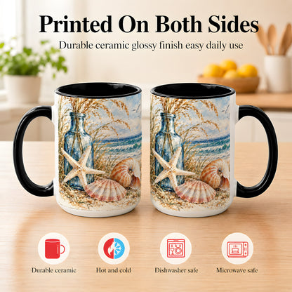#pl[15oz|Black] Watercolor Seashell Coffee Mug, Starfish Beach Mug, Ceramic Cup