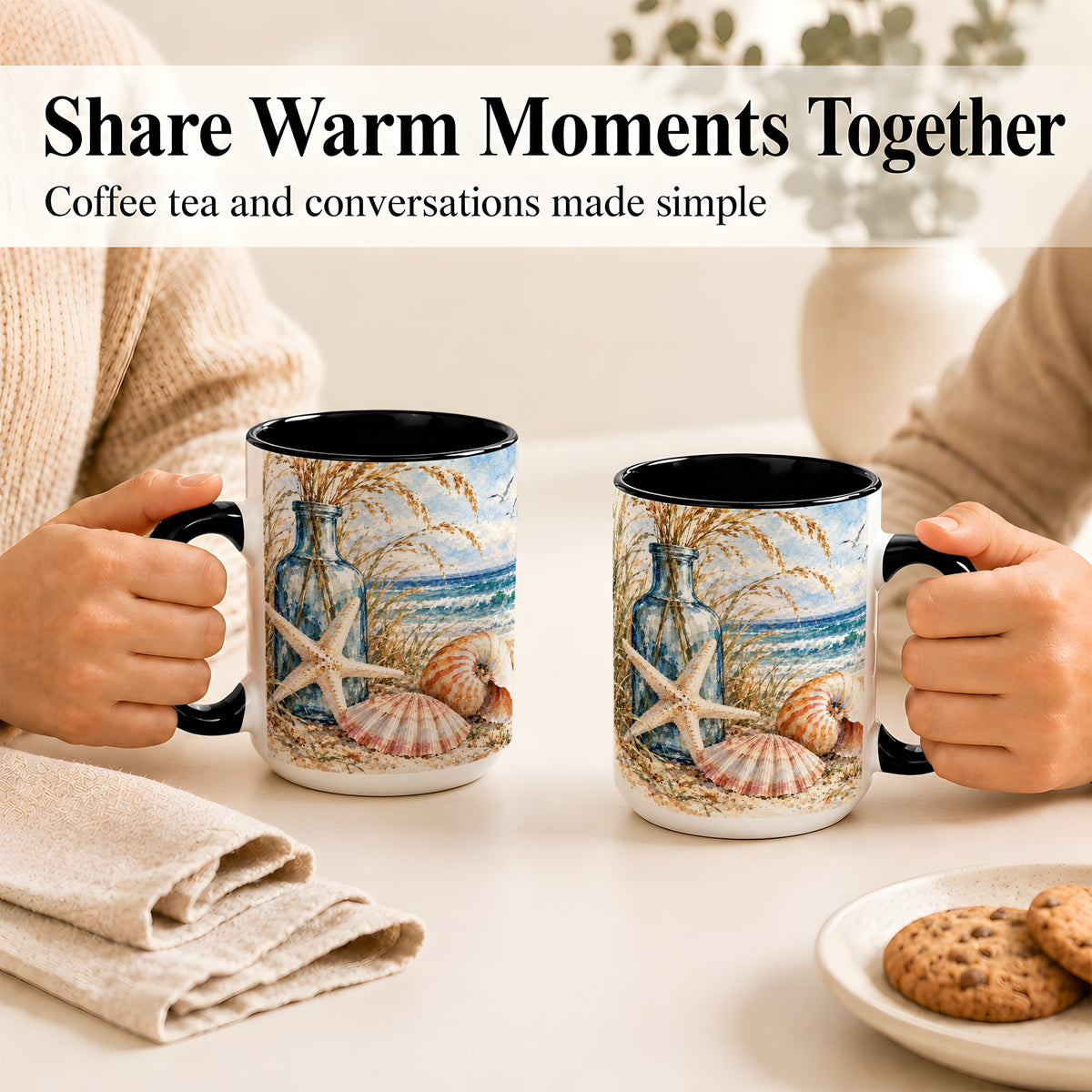 #pl[15oz|Black] Watercolor Seashell Coffee Mug, Starfish Beach Mug, Ceramic Cup