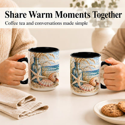 #pl[15oz|Black] Watercolor Seashell Coffee Mug, Starfish Beach Mug, Ceramic Cup