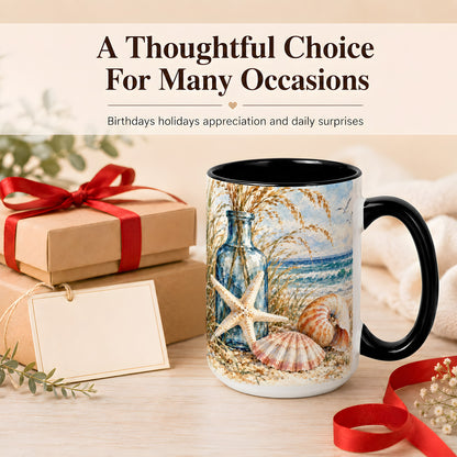 #pl[15oz|Black] Watercolor Seashell Coffee Mug, Starfish Beach Mug, Ceramic Cup