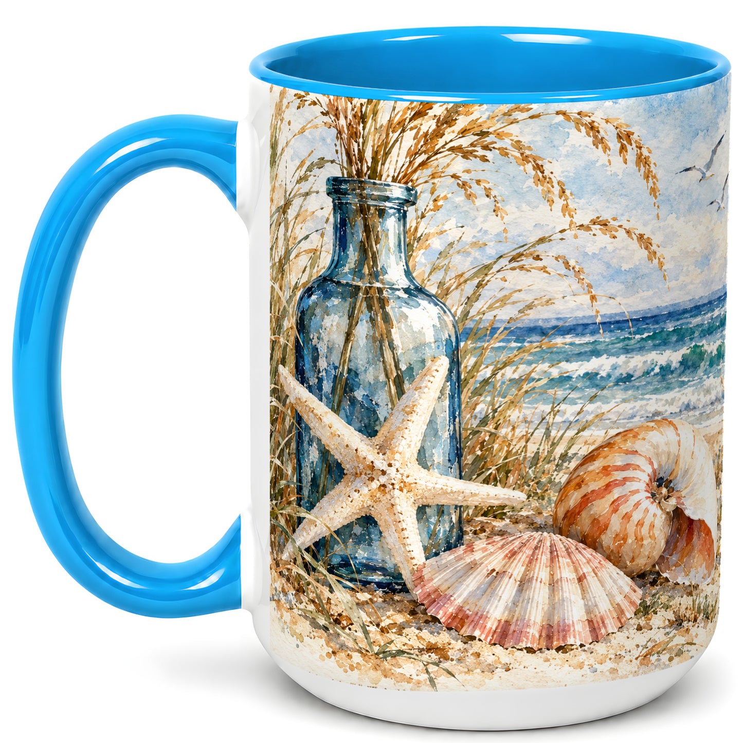 #pl[15oz|Blue] Watercolor Seashell Coffee Mug, Starfish Beach Mug, Ceramic Cup