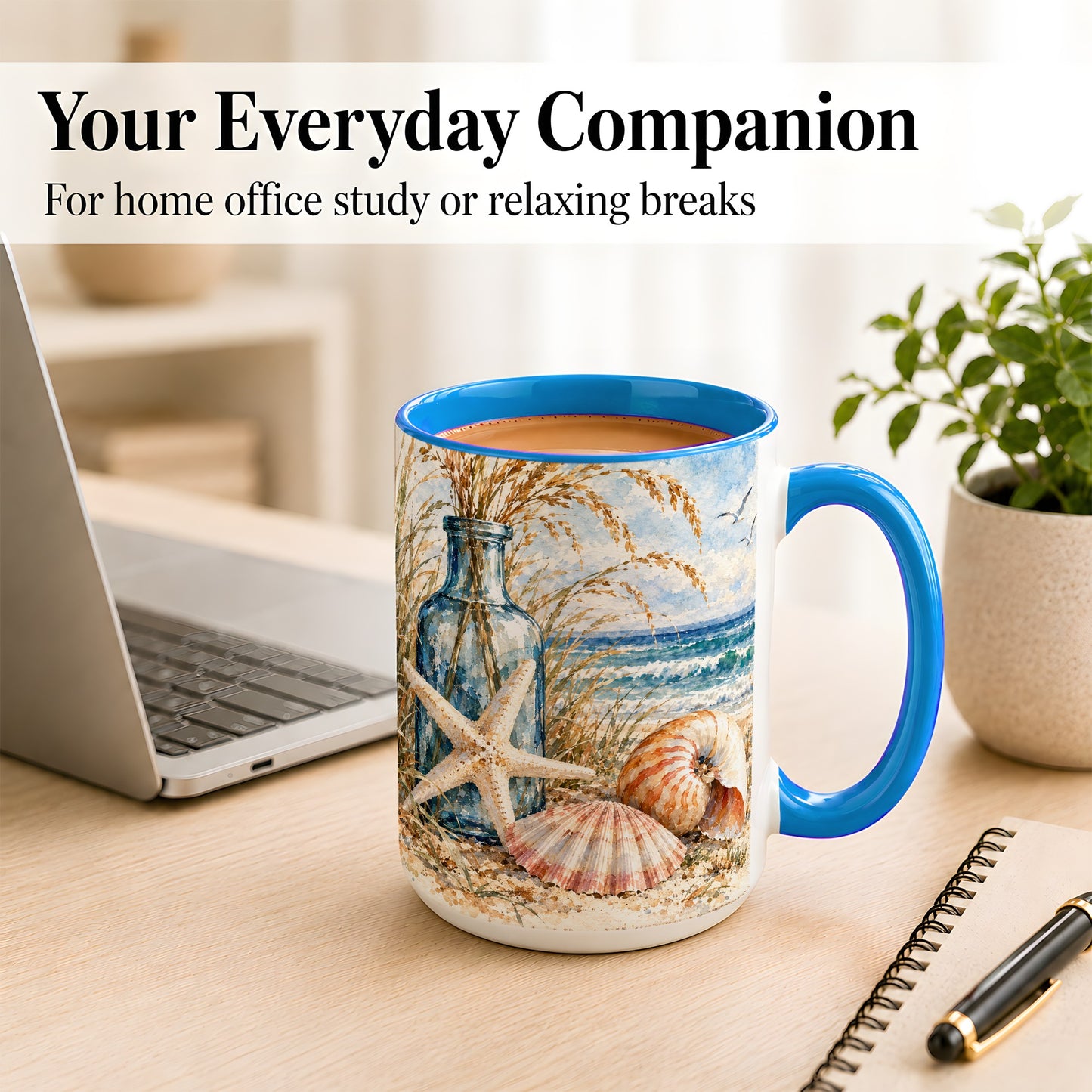 #pl[15oz|Blue] Watercolor Seashell Coffee Mug, Starfish Beach Mug, Ceramic Cup
