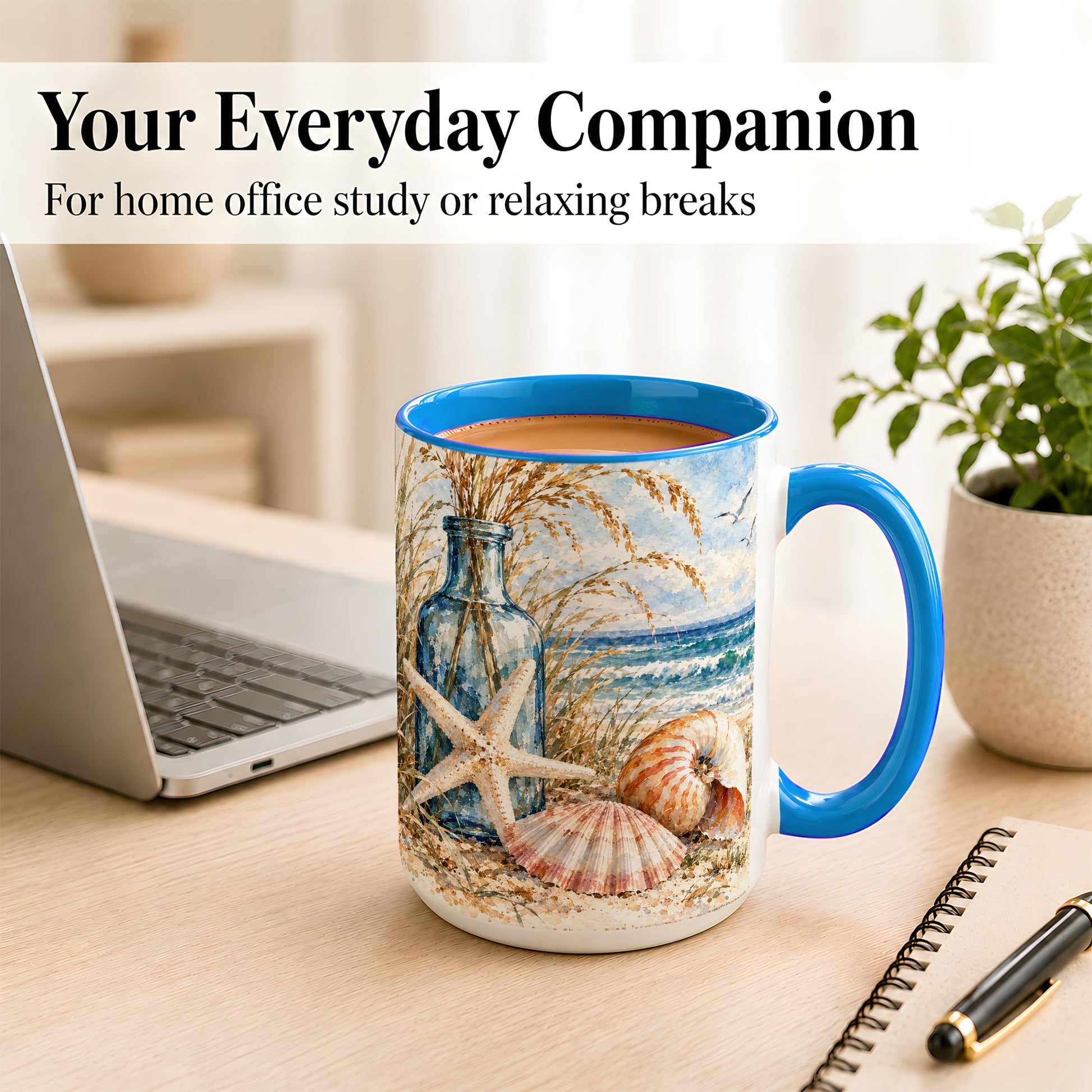 #pl[15oz|Blue] Watercolor Seashell Coffee Mug, Starfish Beach Mug, Ceramic Cup