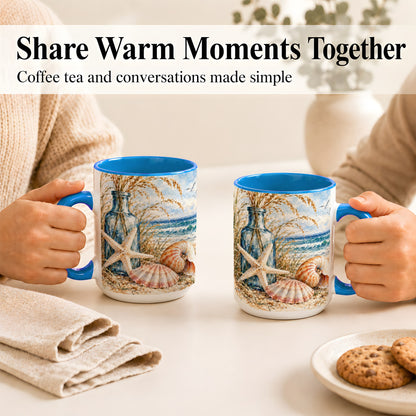 #pl[15oz|Blue] Watercolor Seashell Coffee Mug, Starfish Beach Mug, Ceramic Cup