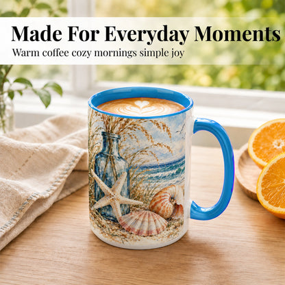 #pl[15oz|Blue] Watercolor Seashell Coffee Mug, Starfish Beach Mug, Ceramic Cup