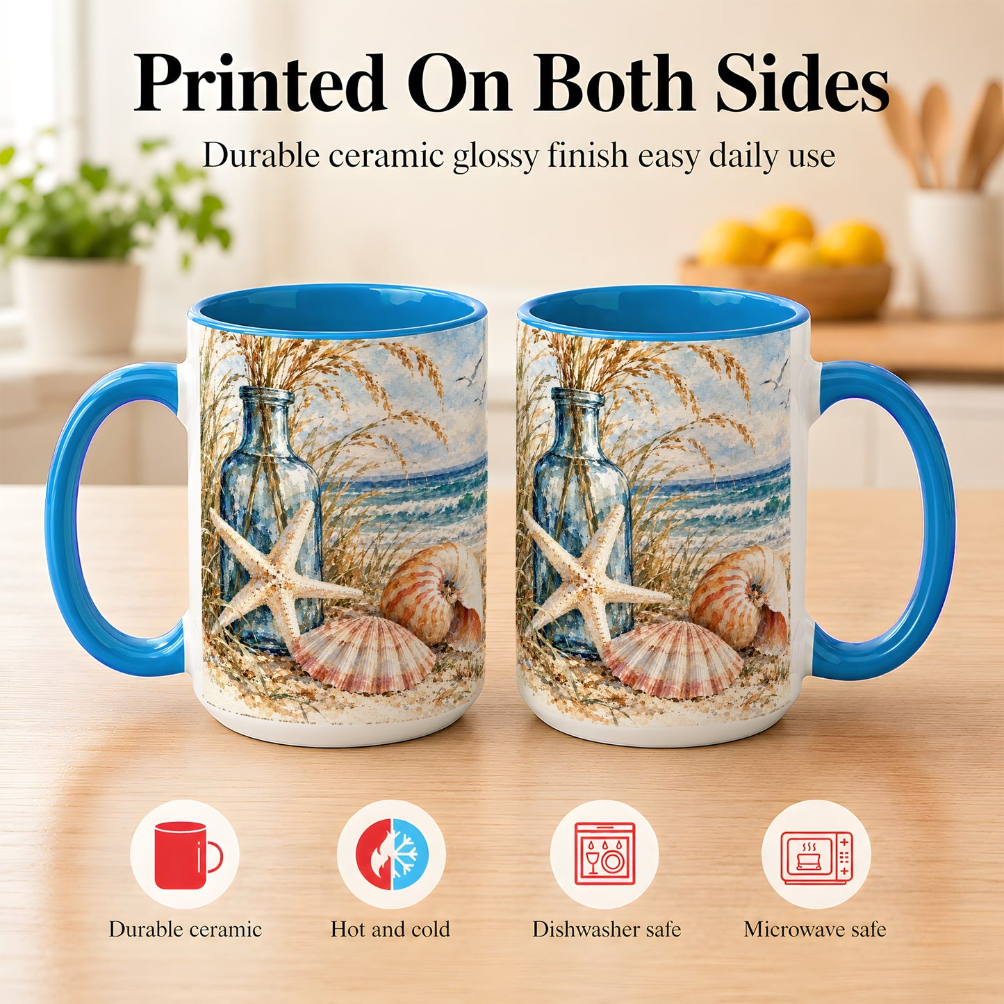 #pl[15oz|Blue] Watercolor Seashell Coffee Mug, Starfish Beach Mug, Ceramic Cup