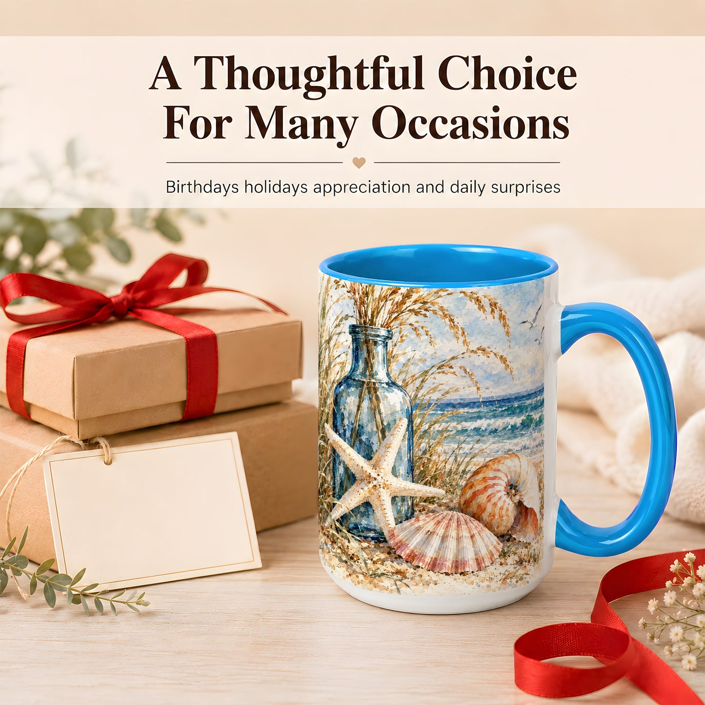 #pl[15oz|Blue] Watercolor Seashell Coffee Mug, Starfish Beach Mug, Ceramic Cup