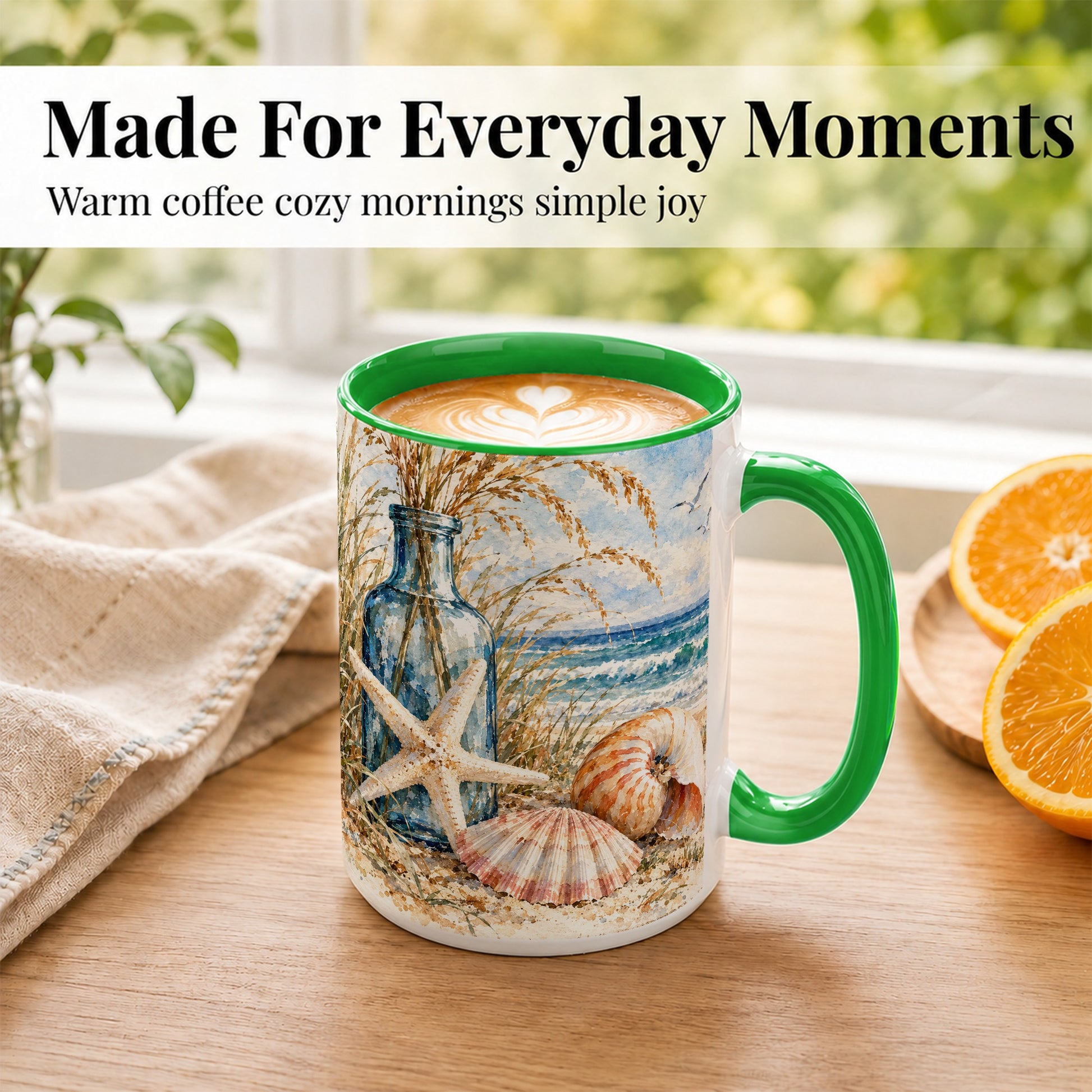 #pl[15oz|Green] Watercolor Seashell Coffee Mug, Starfish Beach Mug, Ceramic Cup