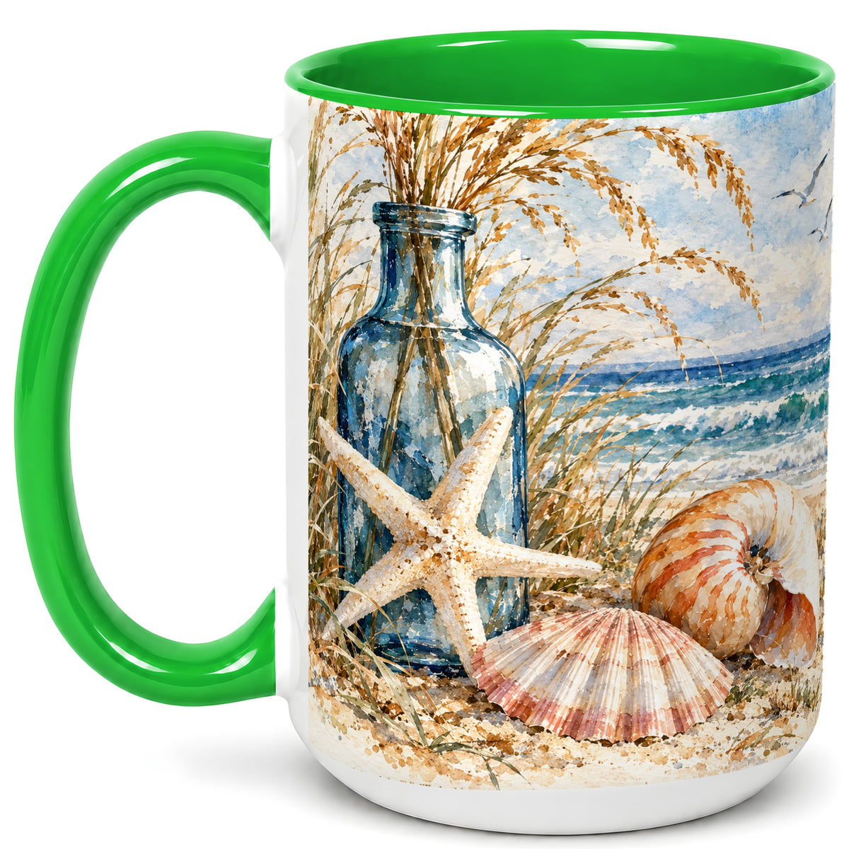 #pl[15oz|Green] Watercolor Seashell Coffee Mug, Starfish Beach Mug, Ceramic Cup