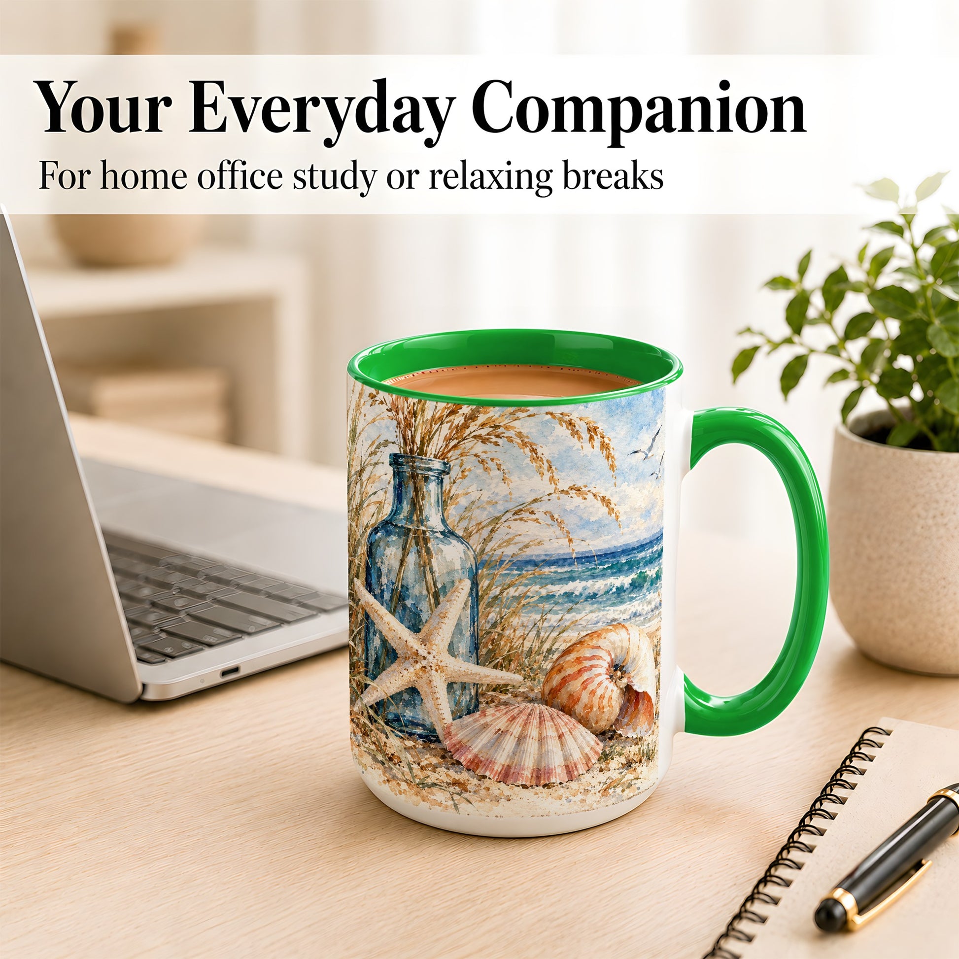 #pl[15oz|Green] Watercolor Seashell Coffee Mug, Starfish Beach Mug, Ceramic Cup