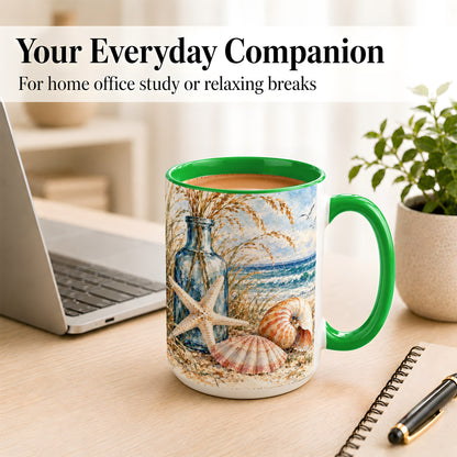 #pl[15oz|Green] Watercolor Seashell Coffee Mug, Starfish Beach Mug, Ceramic Cup