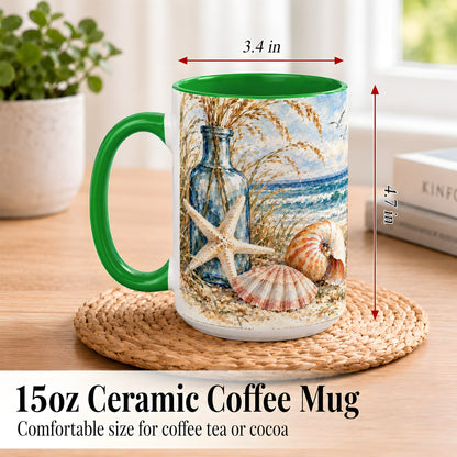 #pl[15oz|Green] Watercolor Seashell Coffee Mug, Starfish Beach Mug, Ceramic Cup