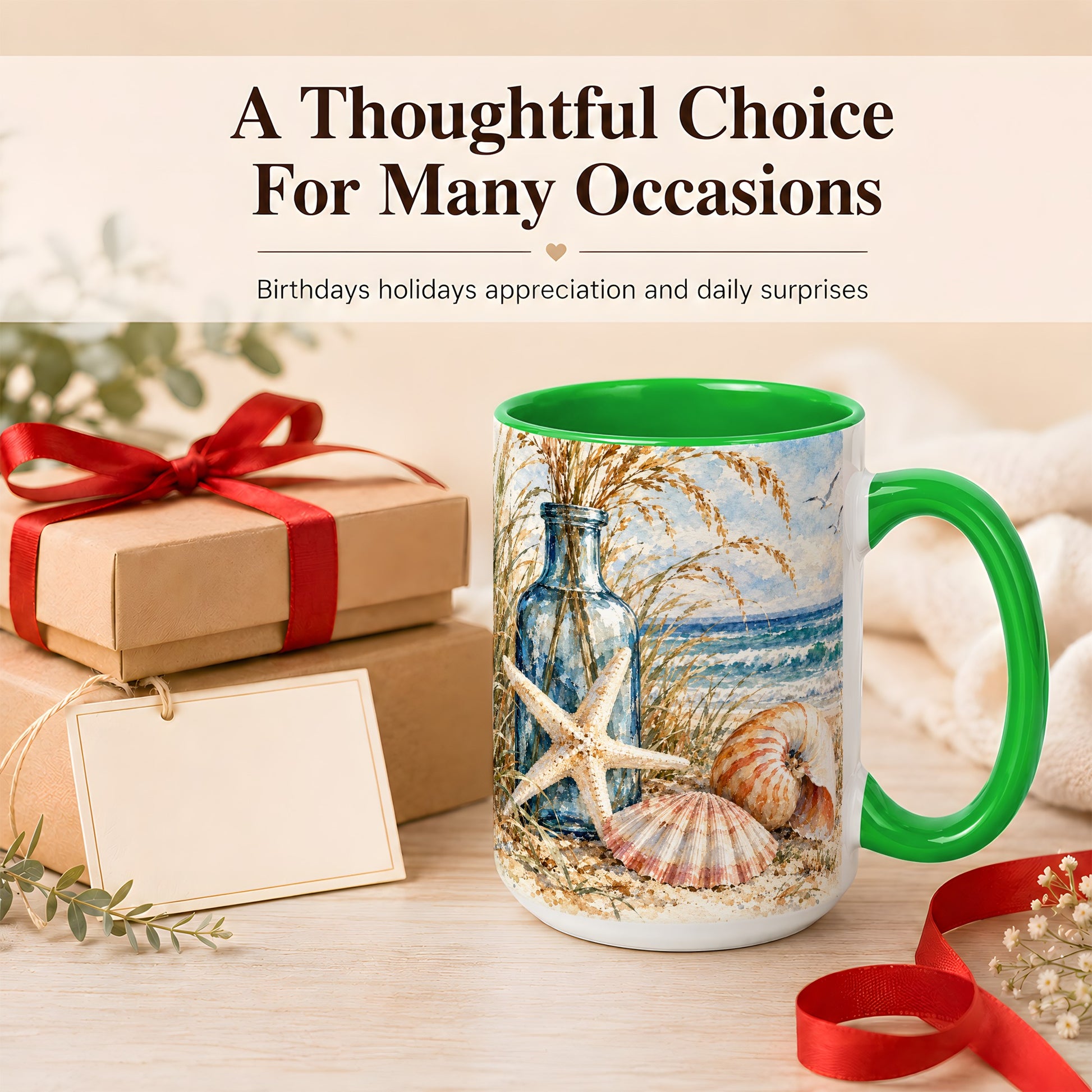 #pl[15oz|Green] Watercolor Seashell Coffee Mug, Starfish Beach Mug, Ceramic Cup