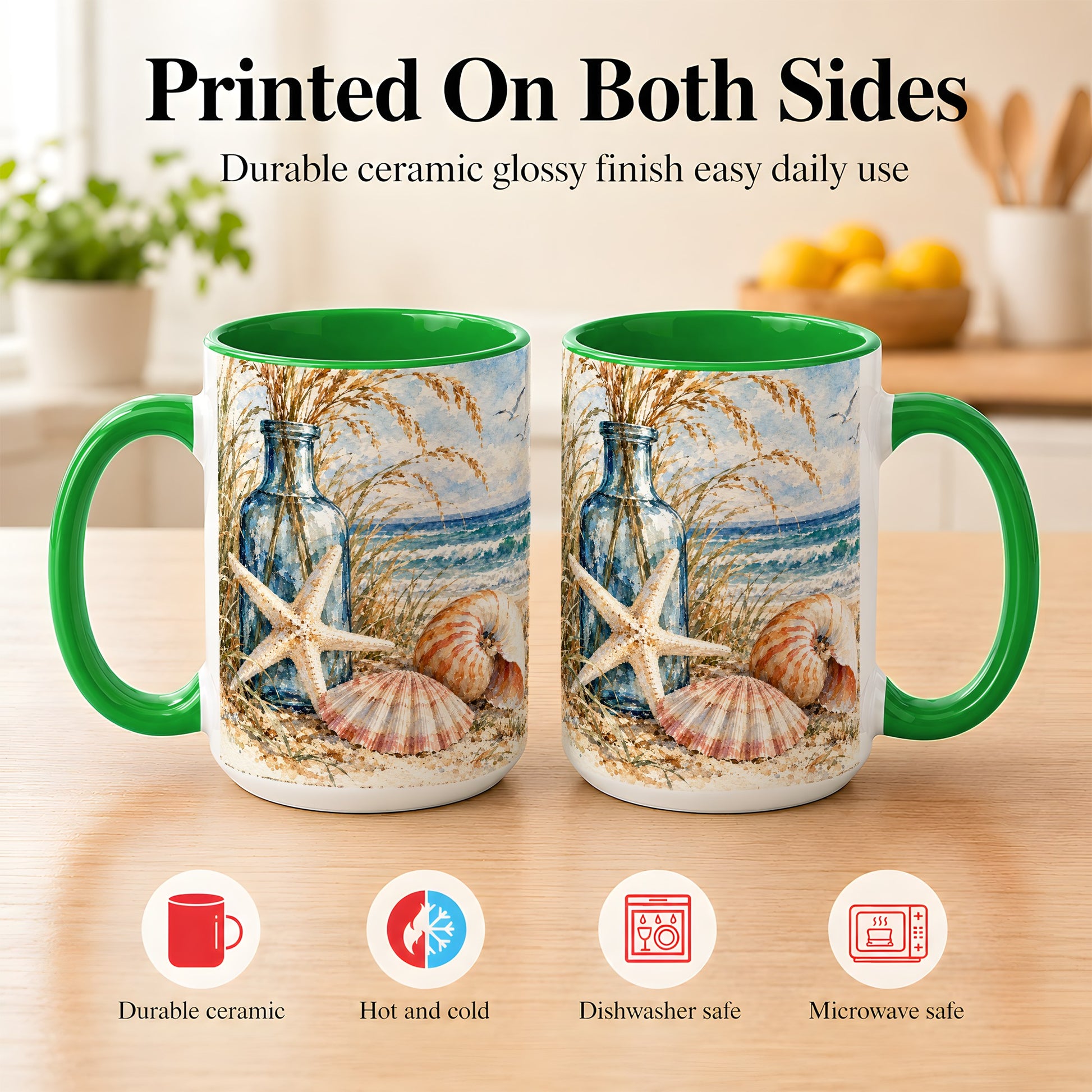 #pl[15oz|Green] Watercolor Seashell Coffee Mug, Starfish Beach Mug, Ceramic Cup