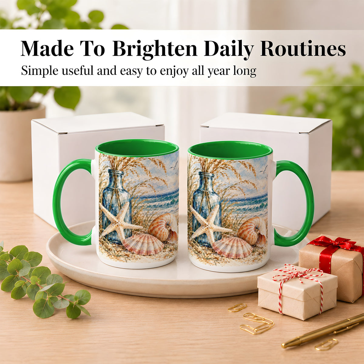 #pl[15oz|Green] Watercolor Seashell Coffee Mug, Starfish Beach Mug, Ceramic Cup