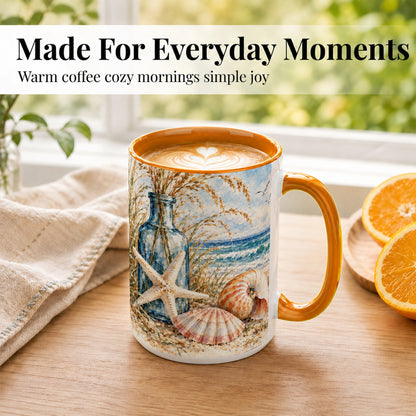 #pl[15oz|Orange] Watercolor Seashell Coffee Mug, Starfish Beach Mug, Ceramic Cup