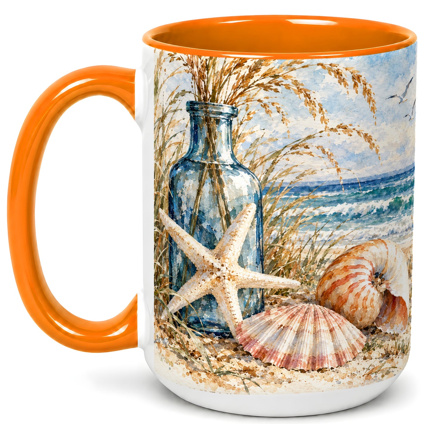 #pl[15oz|Orange] Watercolor Seashell Coffee Mug, Starfish Beach Mug, Ceramic Cup