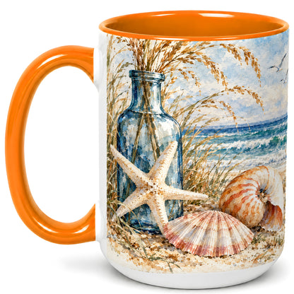 #pl[15oz|Orange] Watercolor Seashell Coffee Mug, Starfish Beach Mug, Ceramic Cup